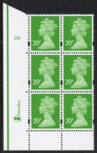 Y1687 (U277C) 20p bright green. DLR. PVA cream. Cyld. D4 phos D1 no dot. blue fluor U/M (MNH)