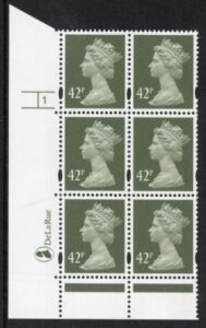 Y1715 (U395) 42p deep olive-grey 2B DLR. Cyl.1 phos 47 no dot. blue fluor U/M (MNH)