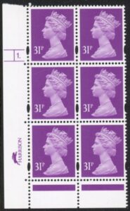 Y1695 (U328) 31p 2B deep mauve Harr/DLR Cyl.1 phos 45 dot blue fluor. U/M (MNH)