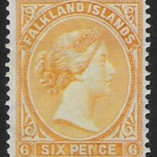 1896 Falkland Islands SG.34 6d yellow wmk Crown CA. U/M (MNH)