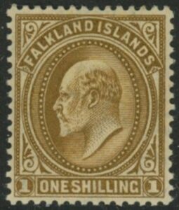 1904  Falkland Islands  SG.48  1/- brown U/M (MNH).