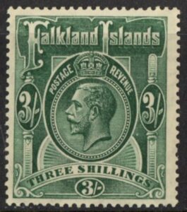 1923 Falkland Islands - SG.80 3/- slate green. Wmk Script CA U/M (MNH).
