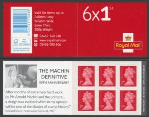 MB19 6 x 1st brt. scarlet. Arnold Machin 50th Anniv. code MSIL M17L SBP all upright. ISP Walsall.