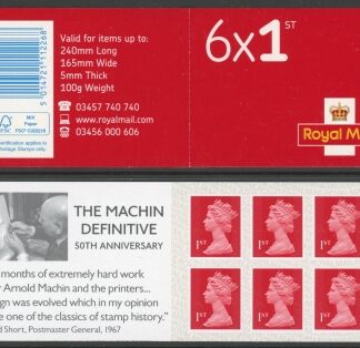 MB19  6 x 1st  brt. scarlet. Arnold Machin 50th Anniv. code MSIL M17L SBP all upright.  ISP Walsall.