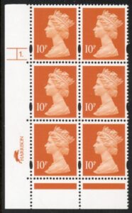Y1676 (U195C) 10p dul orange. 2B Har/DLR Cyl.1dot phos. 45 blue fluor PVA bluish. U/M (MNH)