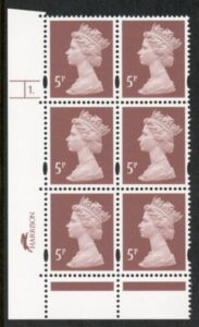 Y1670 (U140E) 5p dull red-brown 2B Harrison Cyl. 1 dot phos 45 blue fluor PVA (bluish).U/M (MNH)
