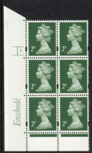 Y1668 (U85B) 2p deep green. 2B Enschedé. 2mm varnished bands PVA buish Cyld. 1dot. yellow fluor U/M (MNH)