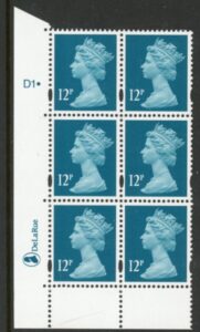 Y1677 (U211A) 12p greenish blue 2B DLR Cyl. D1 dot  phos D1 blue fluor PVA cream. (U/M (MNH)
