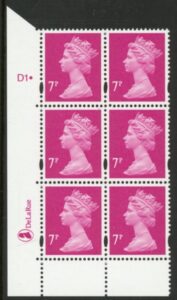 Y1673 (U157B)  7p bright magenta 2B DLR Cyl. D1 phos D1 dot blue fluor PVA (bluish). U/M (MNH)