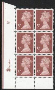 Y1670 (U140F)  5p dull red-brown  2B  DLR Cyl. D1 no dot blue fluor PVA (bluish).U/M (MNH)