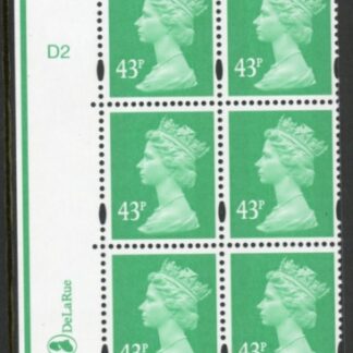 Y1718 (U407) 43p 2B emerald. DLR. PVA bluish. Cyld.D2 phos D2 no dot. blue fluor U/M (MNH)
