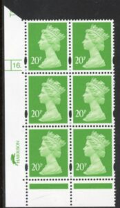 Y1685 (U274)  20p bright green CB Cyld. 16 dot  phos. 46 PVA bluish. blue fluor. U/M (MNH)