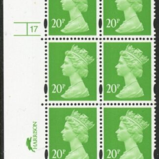 Y1687 (U277)  20p 2B bright green Harrison/DLR Cyl.17 perf RE no dot phos 47 blue fluor. U/M (MNH)