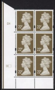 Y1688 (U-)  22p drab 2B DLR Cyl. D1  no dot left grid. blue fluor perf RE  PVA  U/M (MNH)