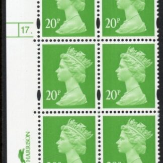 Y1687 (U277)  20p 2B bright green Harrison/DLR Cyl.17 dot  perf RE phos 47 blue fluor. U/M (MNH)
