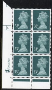 Y1696 (U334) 33p grey green. DLR Cyl.1 dot phos 47. PVA bluish. blue fluor. U/M (MNH)