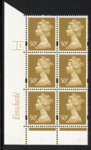 Y1726 (U431)  50p ochre Enschede Cyld. 1 dot perf RE. yellow fluor. U/M (MNH)
