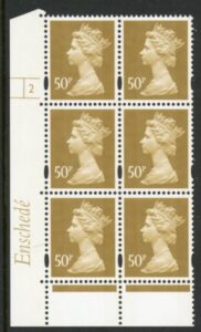 Y1726 (U432)  50p Ochre  2B  Enschede.  Cyl. 2 no dot. blue fluor U/M (MNH)