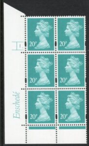 Y1684 (U270) 20p turquoise green. Enschede Cyld. 1 dot. perf RE2 4mm varnished bands. yellow fluor. U/M (MNH)