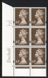 Y1717 (U402) 43p dp.olive brown. Enschede Cyld. 1 dot. (white back) blue fluor U/M (MNH)