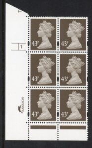 Y1717 (U404) 43p sepia  2B Harrison Cyl. 1 no dot . phos 45 blue fluor U/M (MNH)