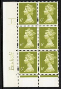 Y1671 (U147A) 6p 2B Enschedé yellow olive Cyl. 1 dot yellow fluor. 2mm varnished bands. U/M (MNH)