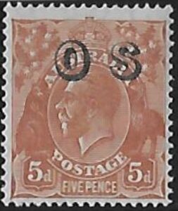 1932  Australia  SG.O132  5d orange-brown. overprinted 'OS' lightly mounted mint.
