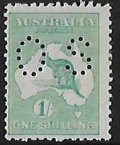 1915  Australia  SG.O48b  1/- blue-green Die2b  perfin OS lightly mounted mint.