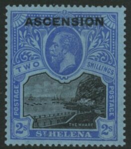 1922 Ascension KGV SG.7 2s black & blue/blue.stamp of St Helena overprinted 'Ascension' lightly mounted mint.