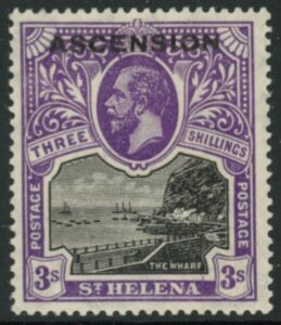 1922 Ascension KGV SG.8 3s black & violet. stamp of St Helena overprinted 'Ascension' lightly mounted mint.