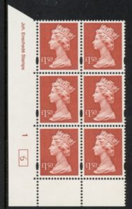 Y1800 (UC14)  Enschéde £1.50 red  Cyld. 1 no dot (6)  U/M (MNH)