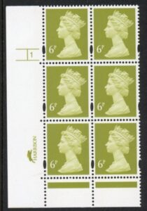 Y1671 (U147C)  6p yellow olive 2B Harrison Cyl.1 no dot  phos 45  blue fluor PVA (bluish).U/M (MNH)