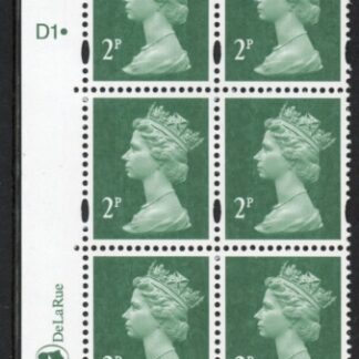 Y1668 (U85F) 2p TIII deep green. 2B DLR PVA (bluish) Cyld. D1 dot phos D1 blue fluor U/M (MNH)
